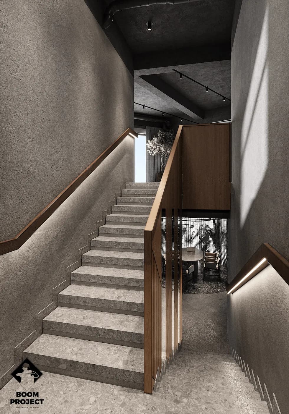 Office staircase illuminated by daylight through tall architectural windows