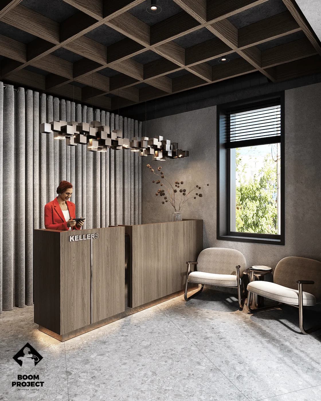 Keller Holz reception with timber counter, vertical metal screen and red sculptural accent
