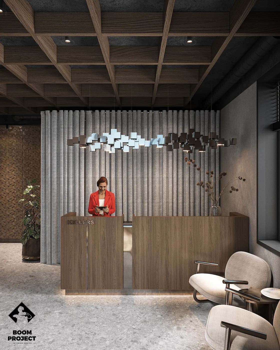 Office reception desk with natural wood cladding, textured stone floor and branded wall