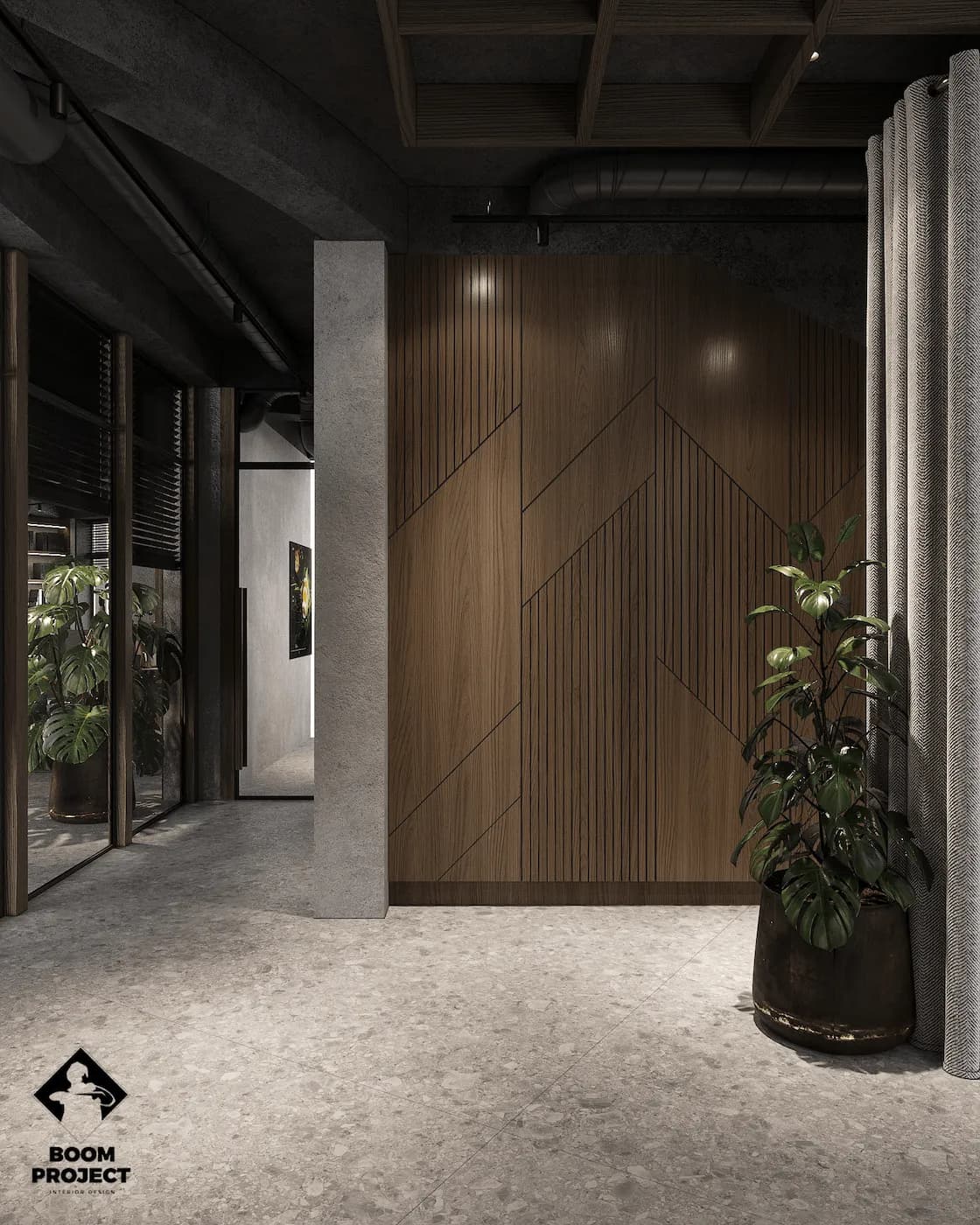 Minimal office corridor with timber doors, textured walls and integrated lighting
