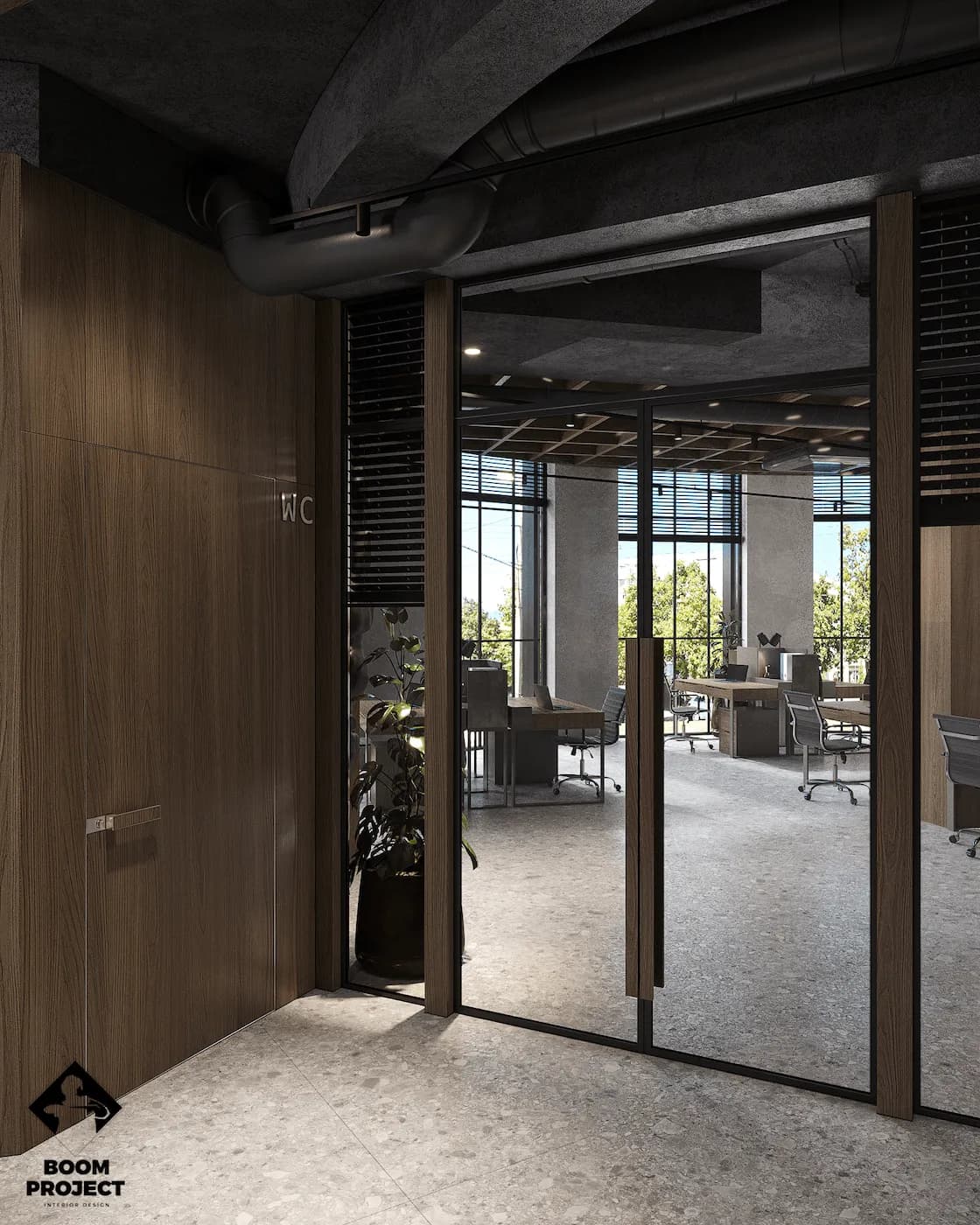 Glass office entrance with timber wall cladding, indoor greenery and black metal framing