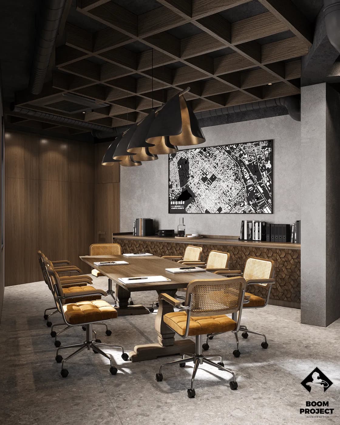 Office dining and collaboration space with timber furniture and geometric ceiling installation