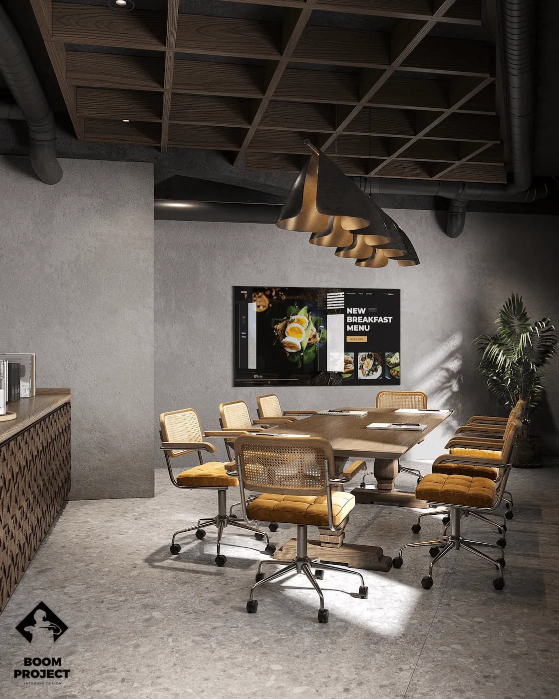 Contemporary meeting room with natural materials, graphic artwork and ergonomic chairs