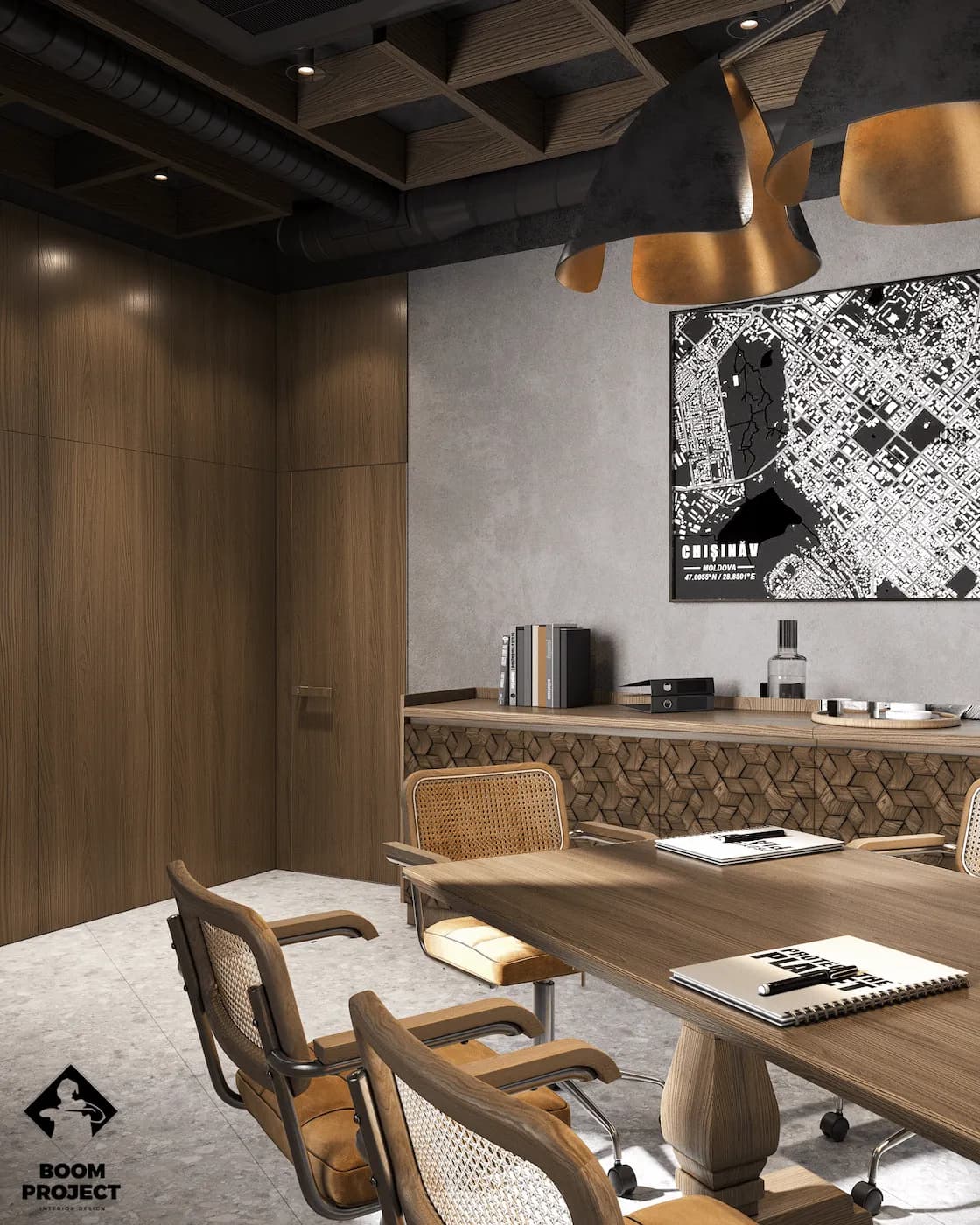 Private office with custom desk, artwork, timber wall panels and integrated storage