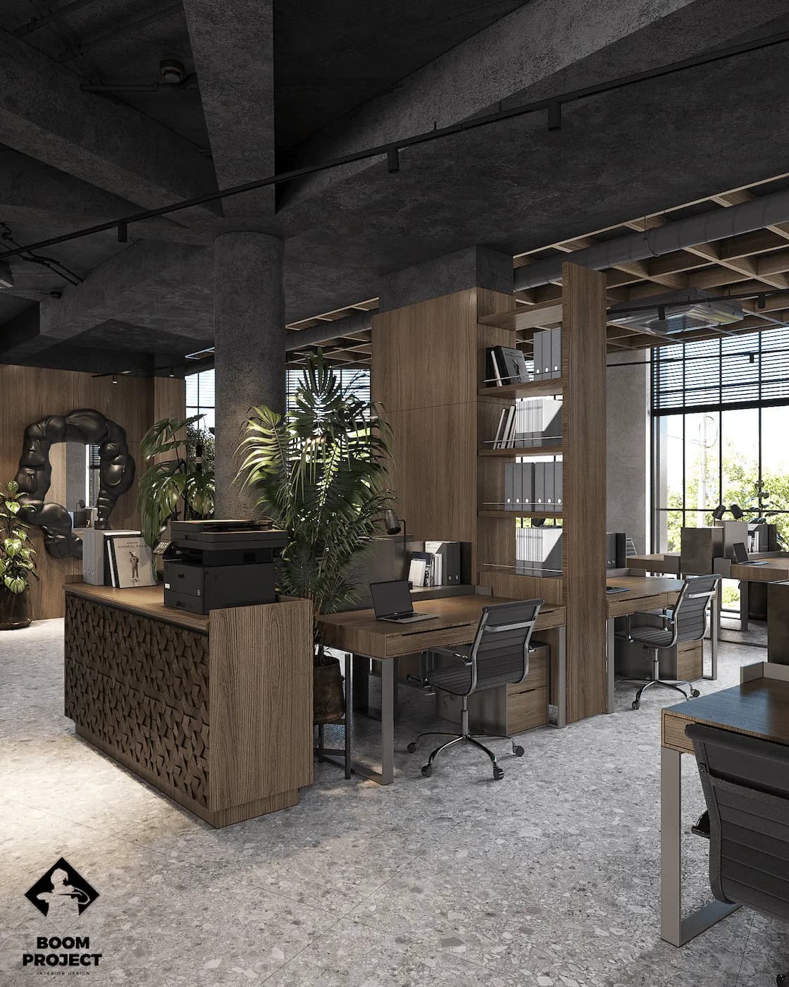 Open-plan workspace with timber desks, exposed ceiling and panoramic windows