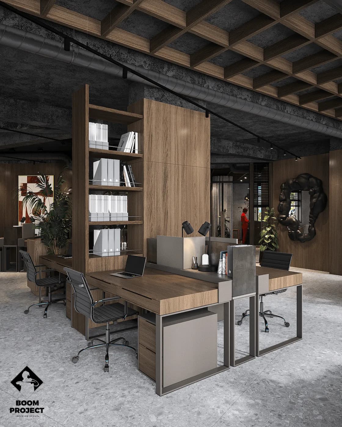 Keller Holz office with custom workstations, shelving and warm architectural lighting
