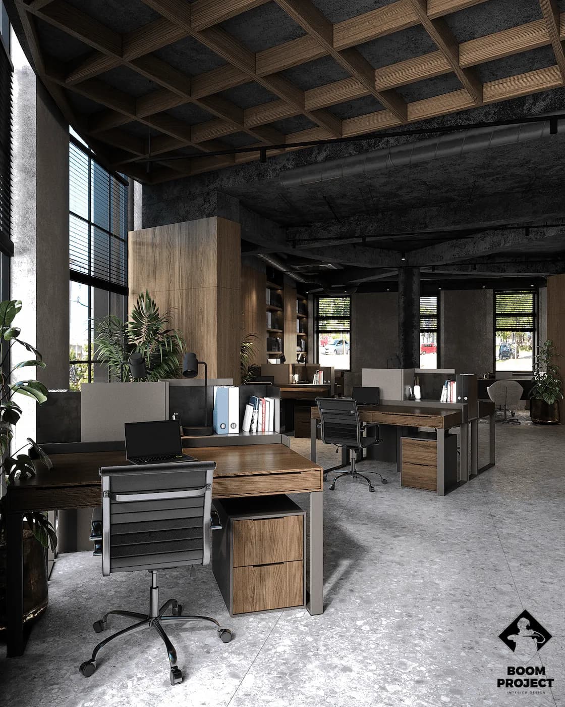 Contemporary workplace with natural timber desks, concrete columns and integrated plants