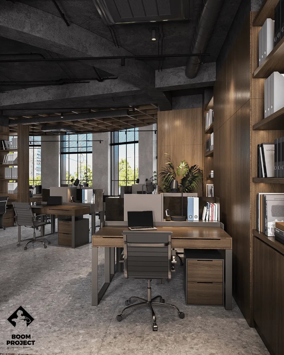 Open office with custom joinery, large windows and dark structural ceiling