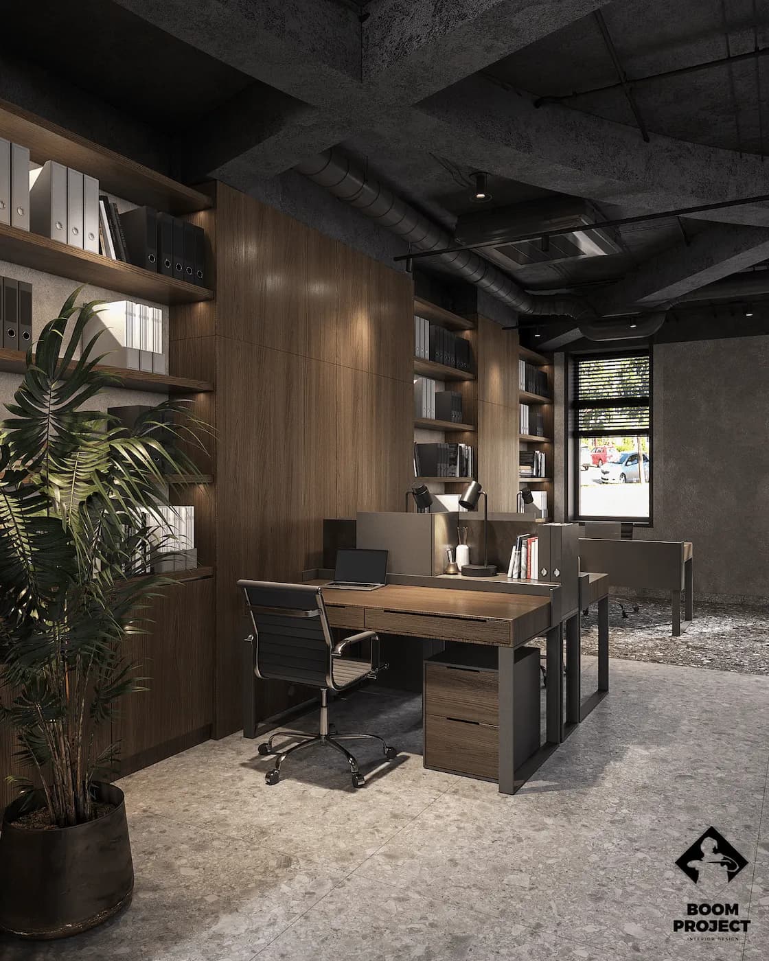 Private workspace with timber shelving, ergonomic seating and indoor greenery