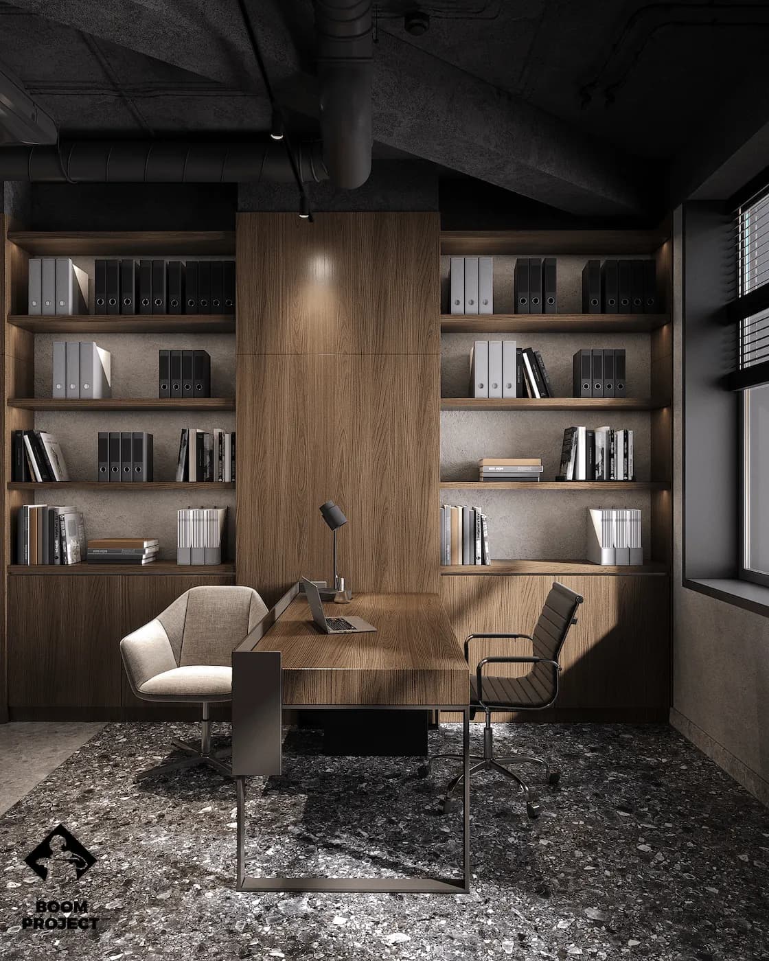 Executive lounge with illuminated shelving, curved sofa and natural material palette
