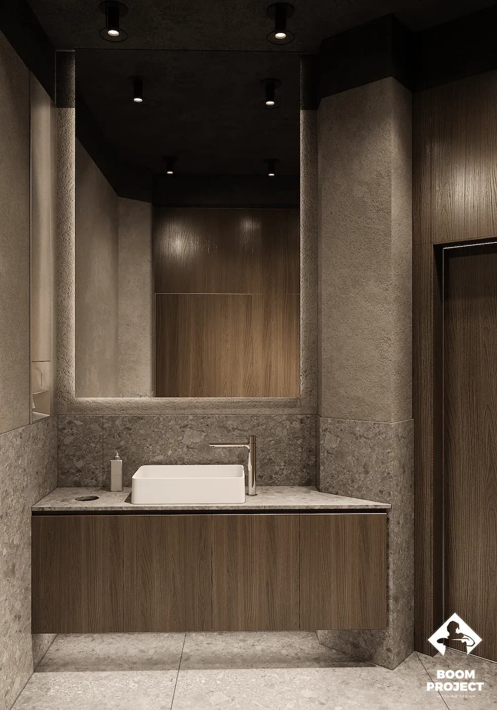Office washroom with stone basin, textured walls and custom timber cabinetry