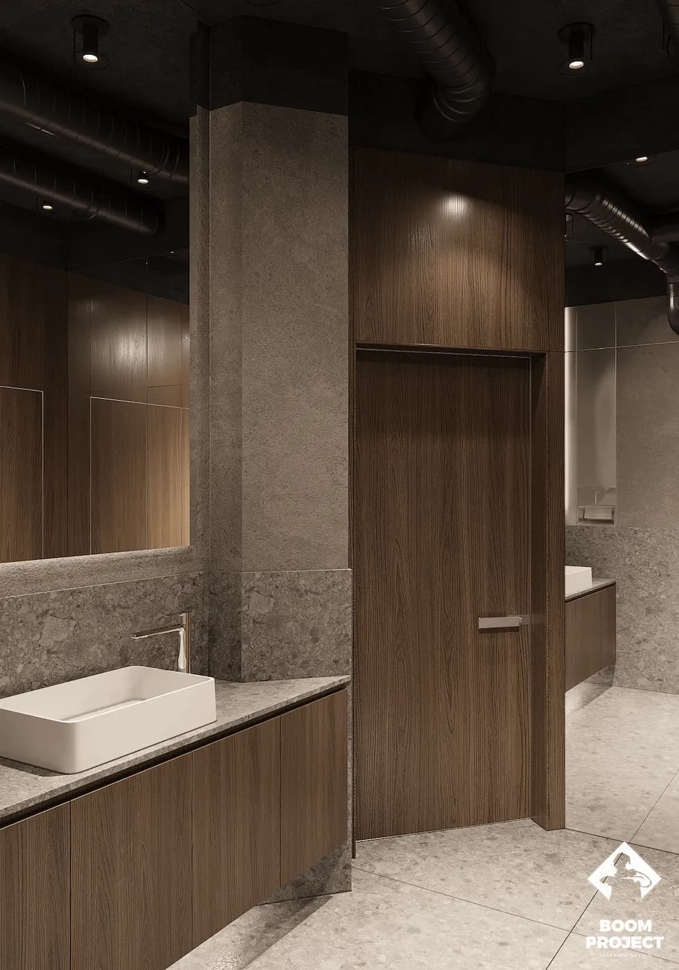 Minimal washroom interior with integrated mirror lighting and natural wood finishes