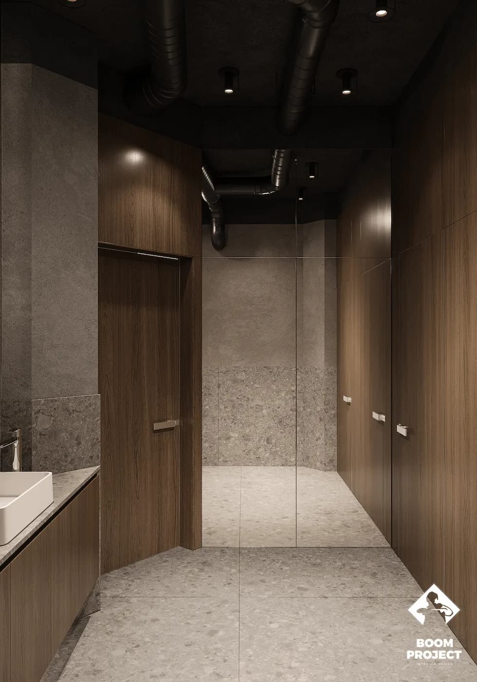 Contemporary office restroom with stone surfaces, timber doors and concealed illumination