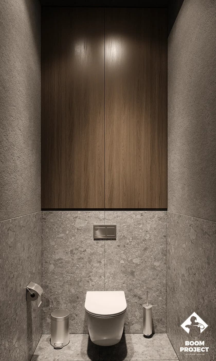 Close-up of textured stone wall and minimalist timber access panel