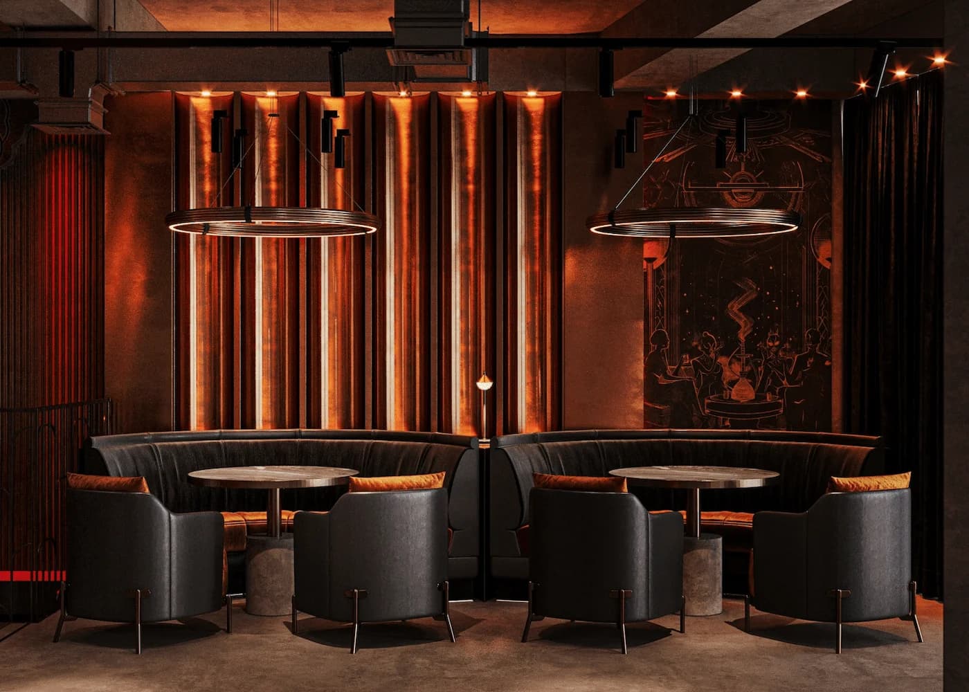Intimate Luman lounge with glowing copper columns, dark upholstered seating and symbolic wall art