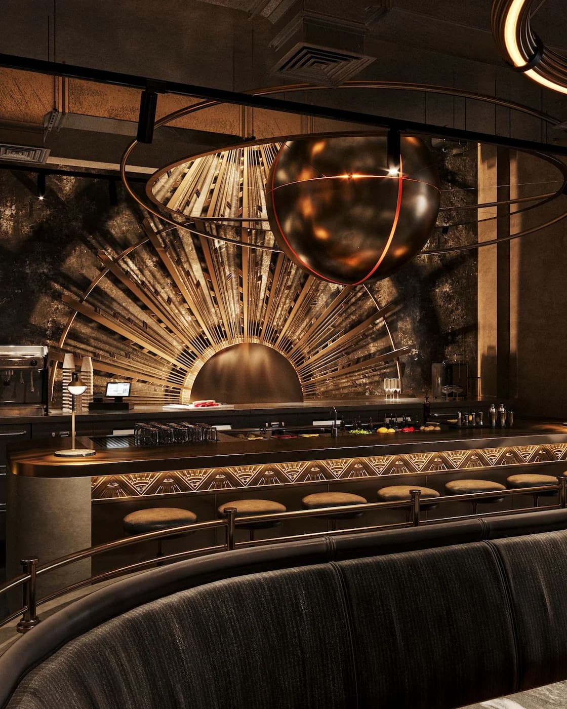 Luman speakeasy bar with a radiant sculptural installation behind the main counter