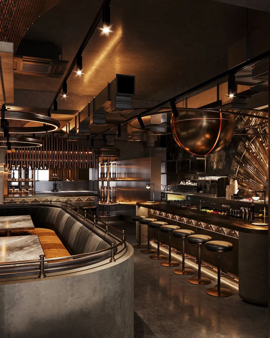 Curved cocktail bar with illuminated stone counter and warm bronze finishes
