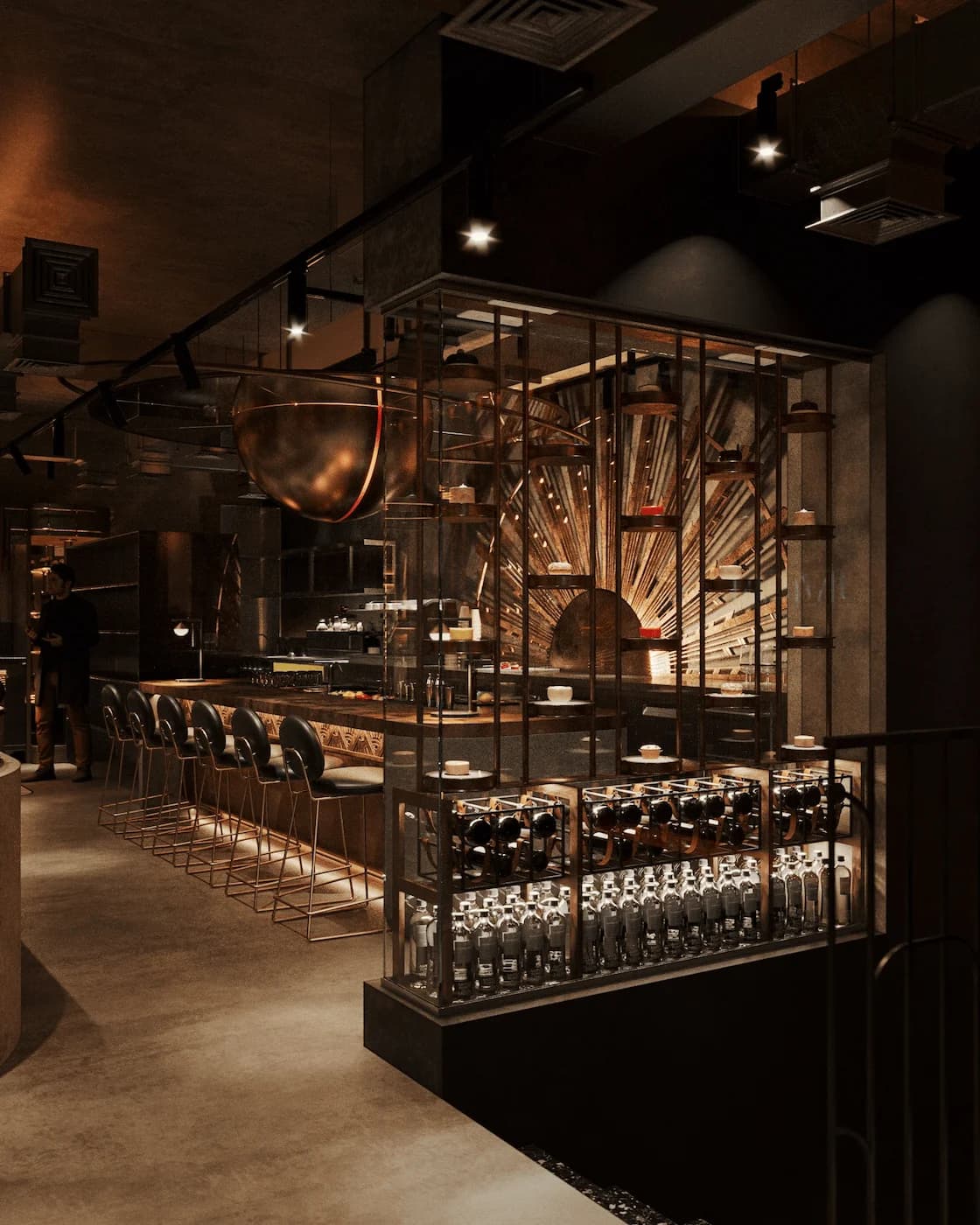 Main bar with layered bottle display, custom metalwork and sculptural lighting