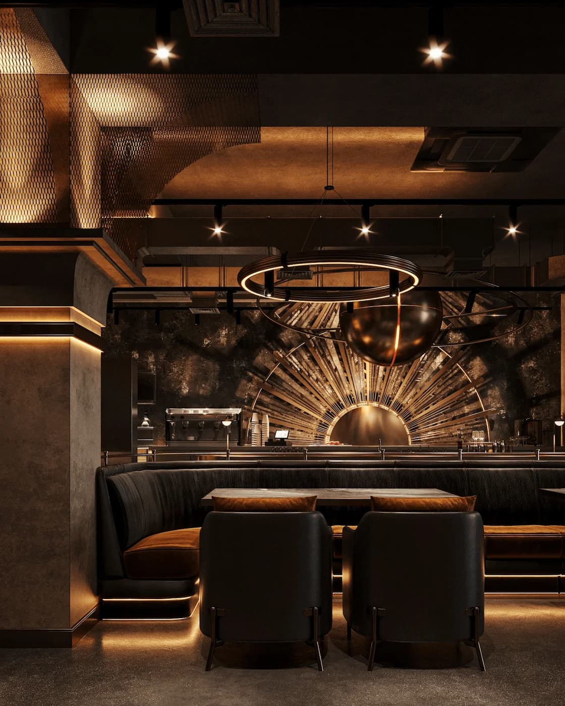 Private booth beneath a radiant symbolic wall installation