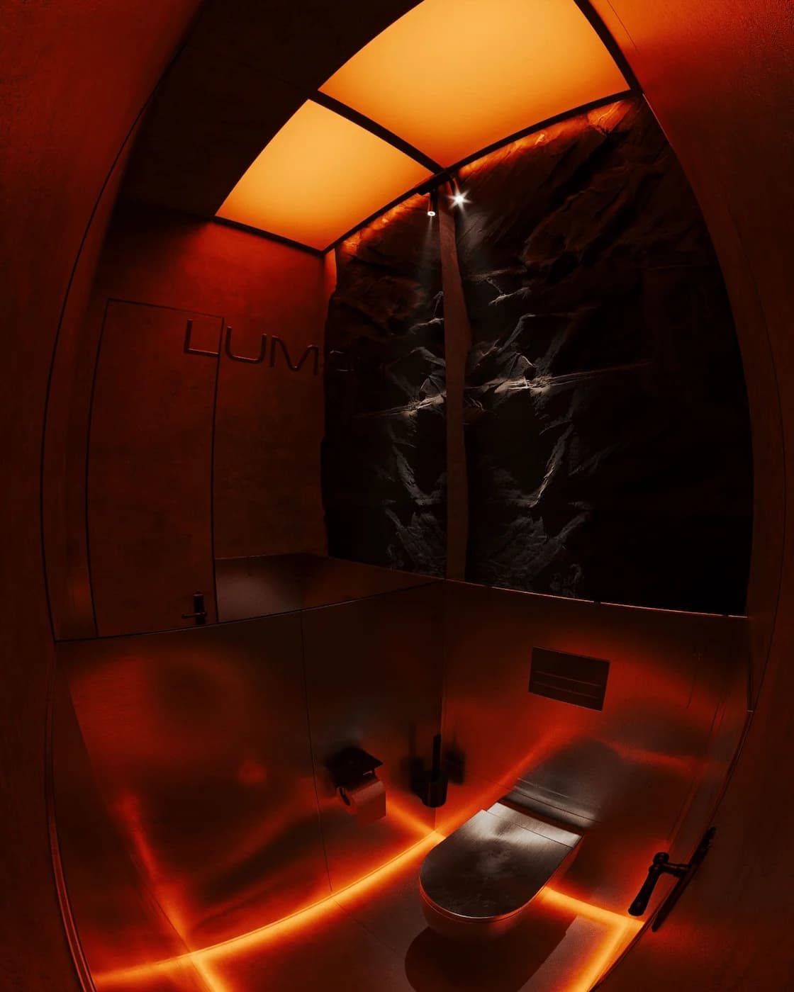 Narrow red-lit chamber with angular seating and concealed illumination