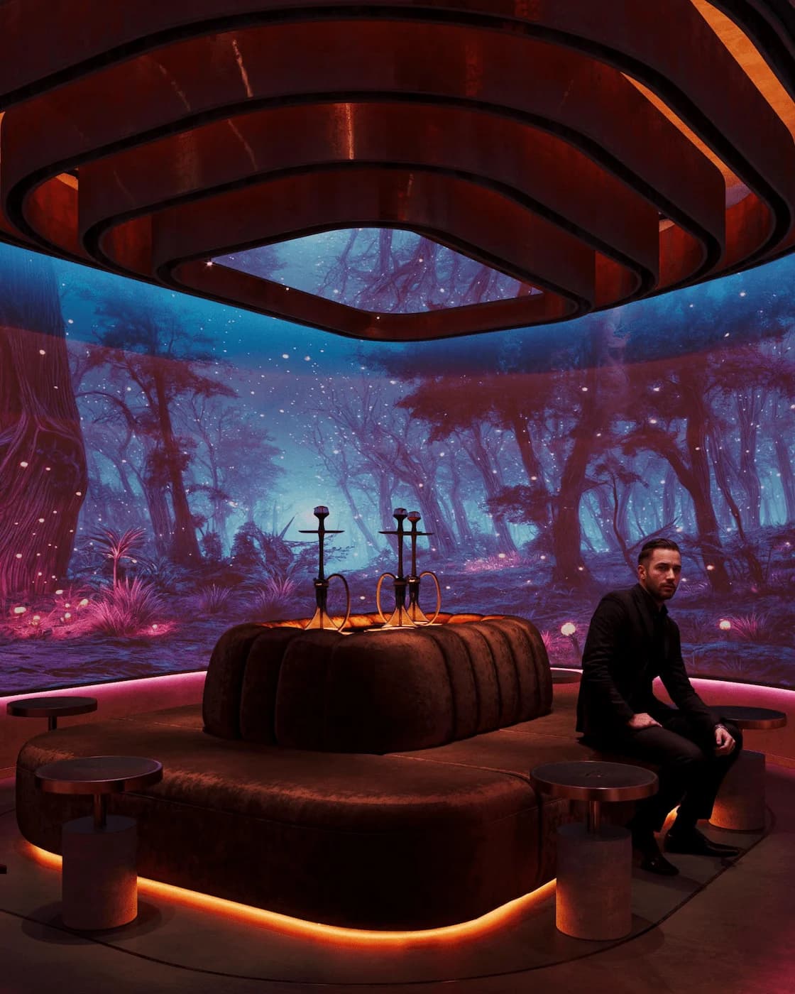 Immersive private lounge with panoramic digital artwork and glowing furniture