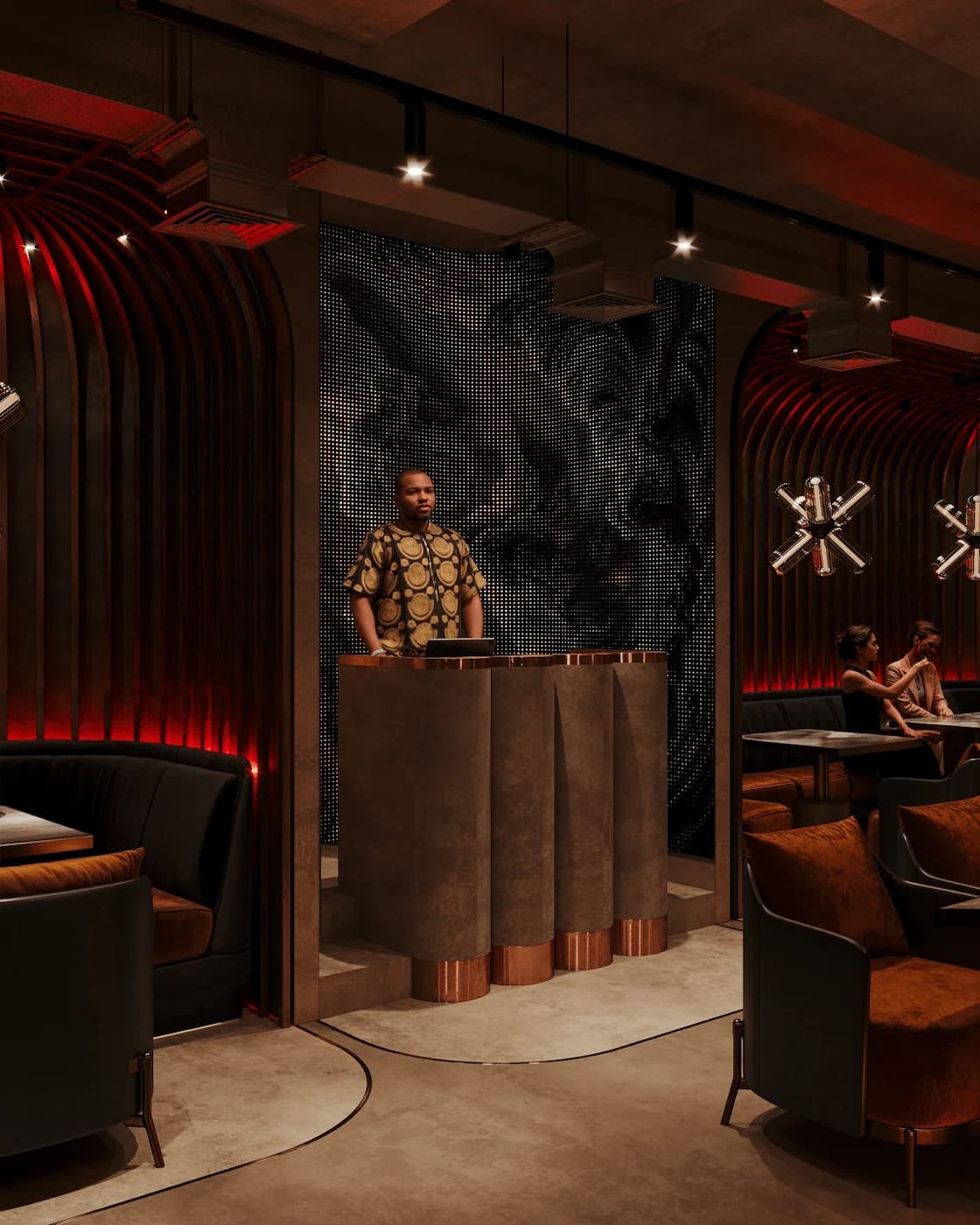 Luman reception podium surrounded by symbolic artwork and dark ribbed panels