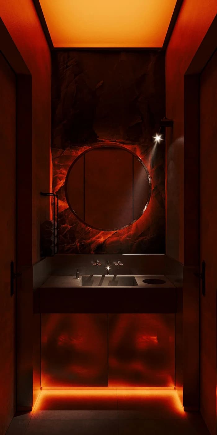 Ceremonial alcove with illuminated circular mirror and deep red finishes