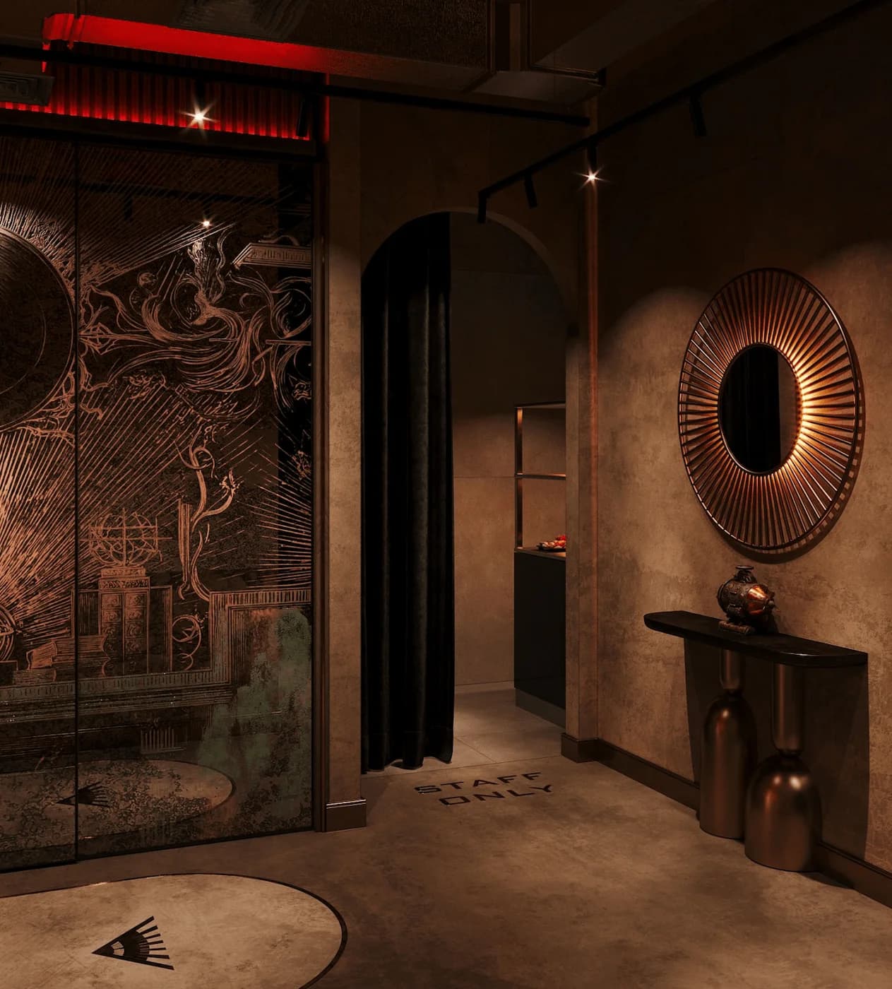 Luman corridor with engraved artwork, symbolic mirror and stone flooring