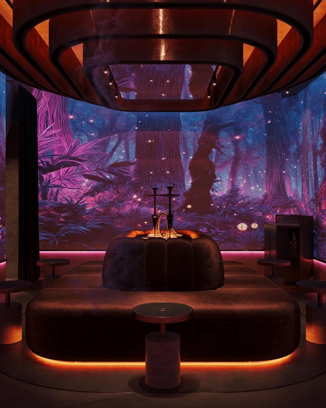 Immersive lounge with panoramic digital walls and illuminated circular seating