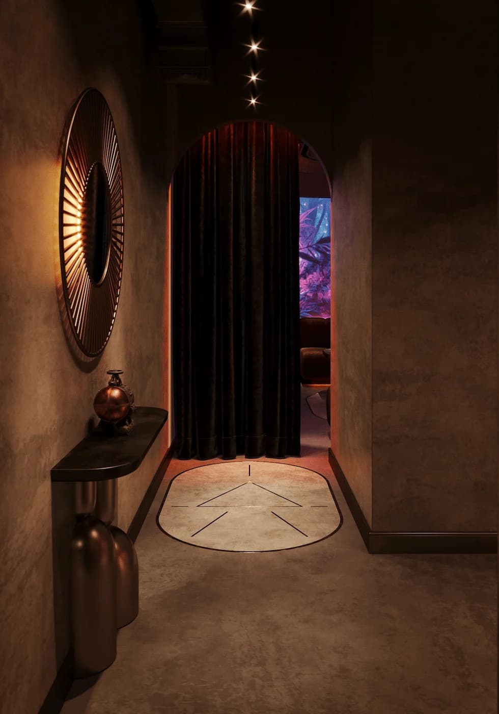 Hidden doorway framed by dark curtains, symbolic mirror and warm lighting