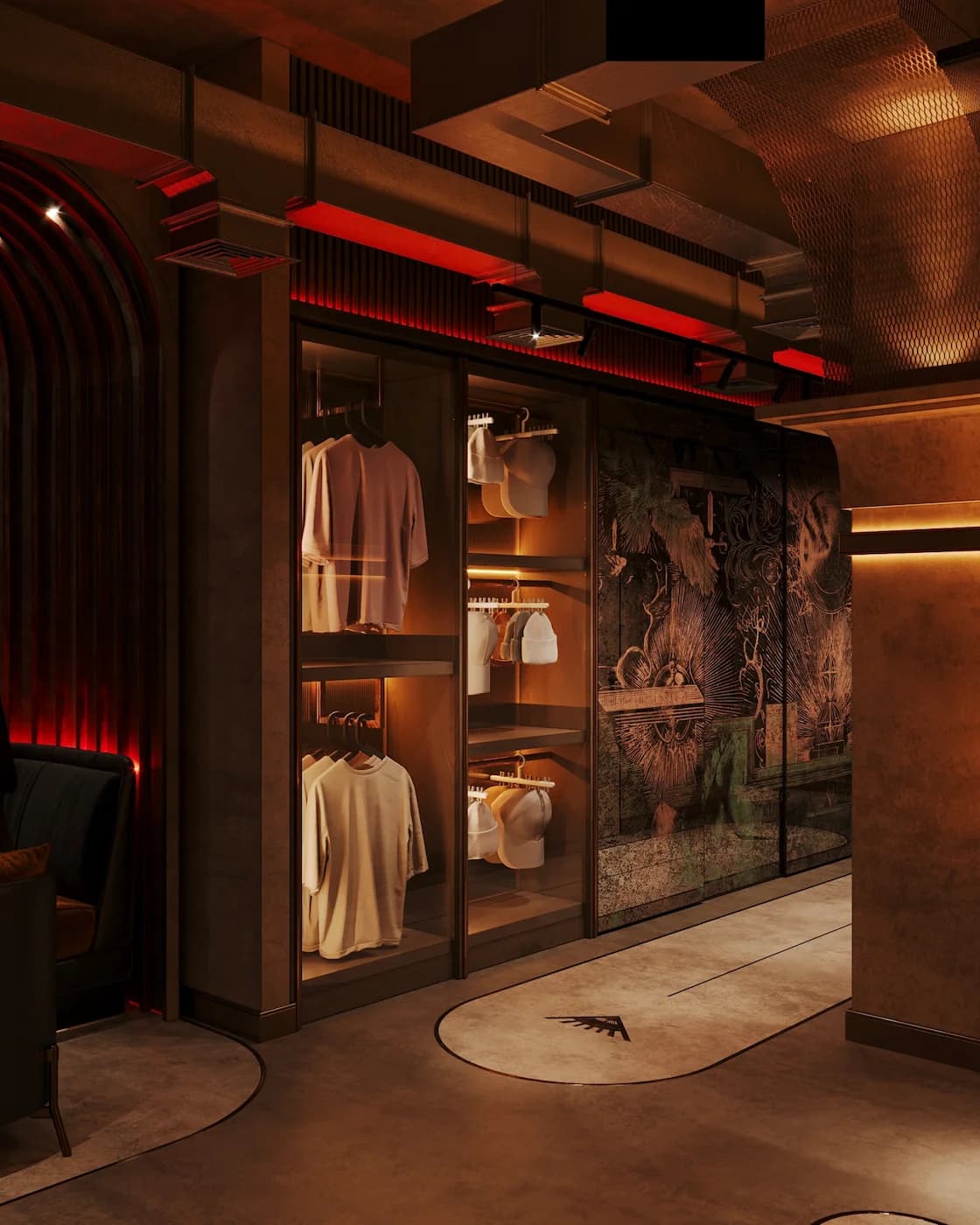 Display corridor with glass cabinetry, artwork and illuminated decorative panels