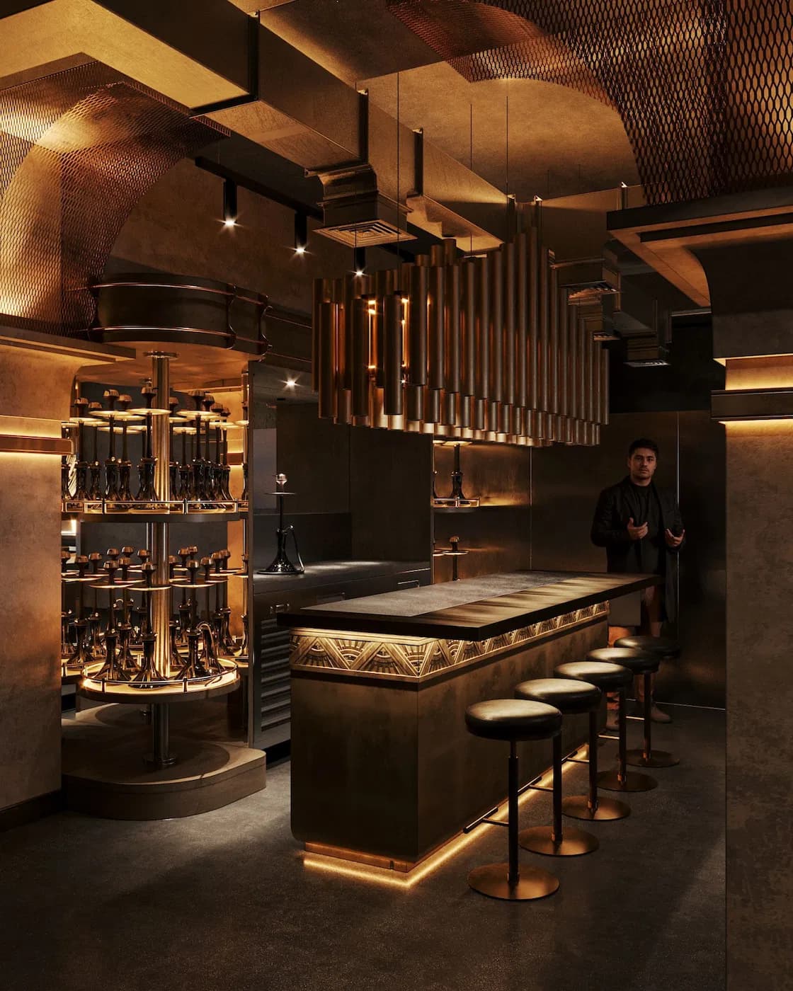 Main cocktail bar with illuminated stone counter and suspended bronze structure