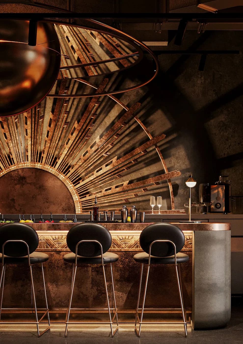 Front view of the bar framed by a radiant installation inspired by inner light