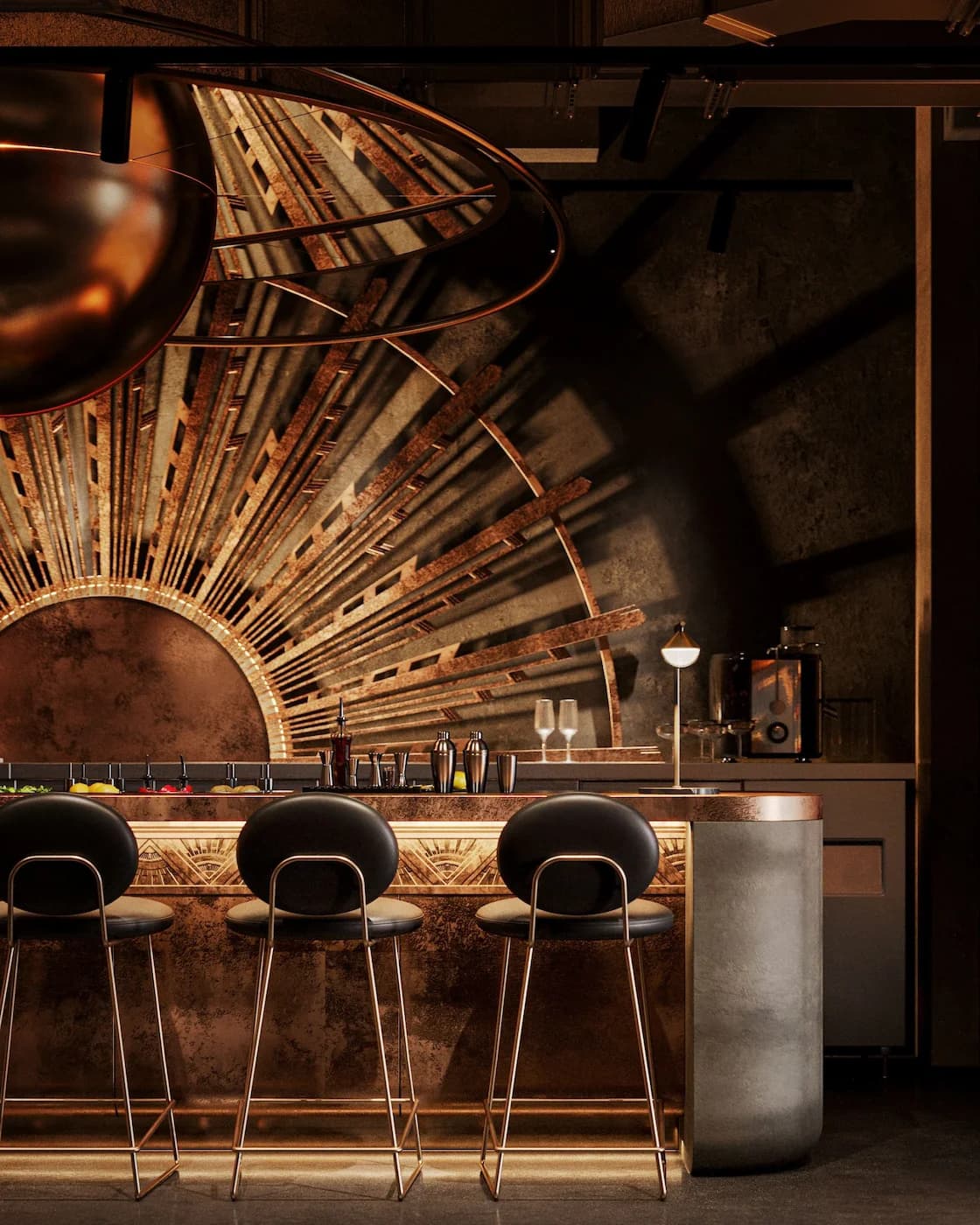Cocktail bar with radiant architectural backdrop and sculptural bronze lighting