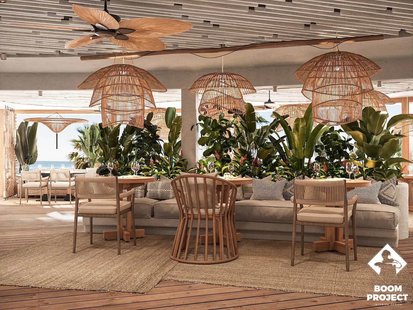 Central dining terrace with timber furniture and handcrafted pendant lights