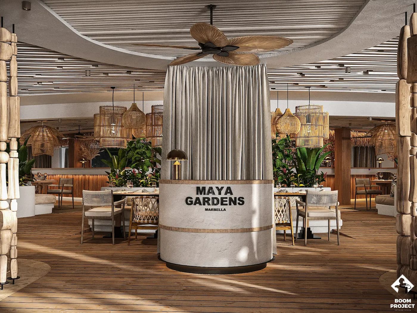 Sculptural mobile drinks station within the open-air restaurant