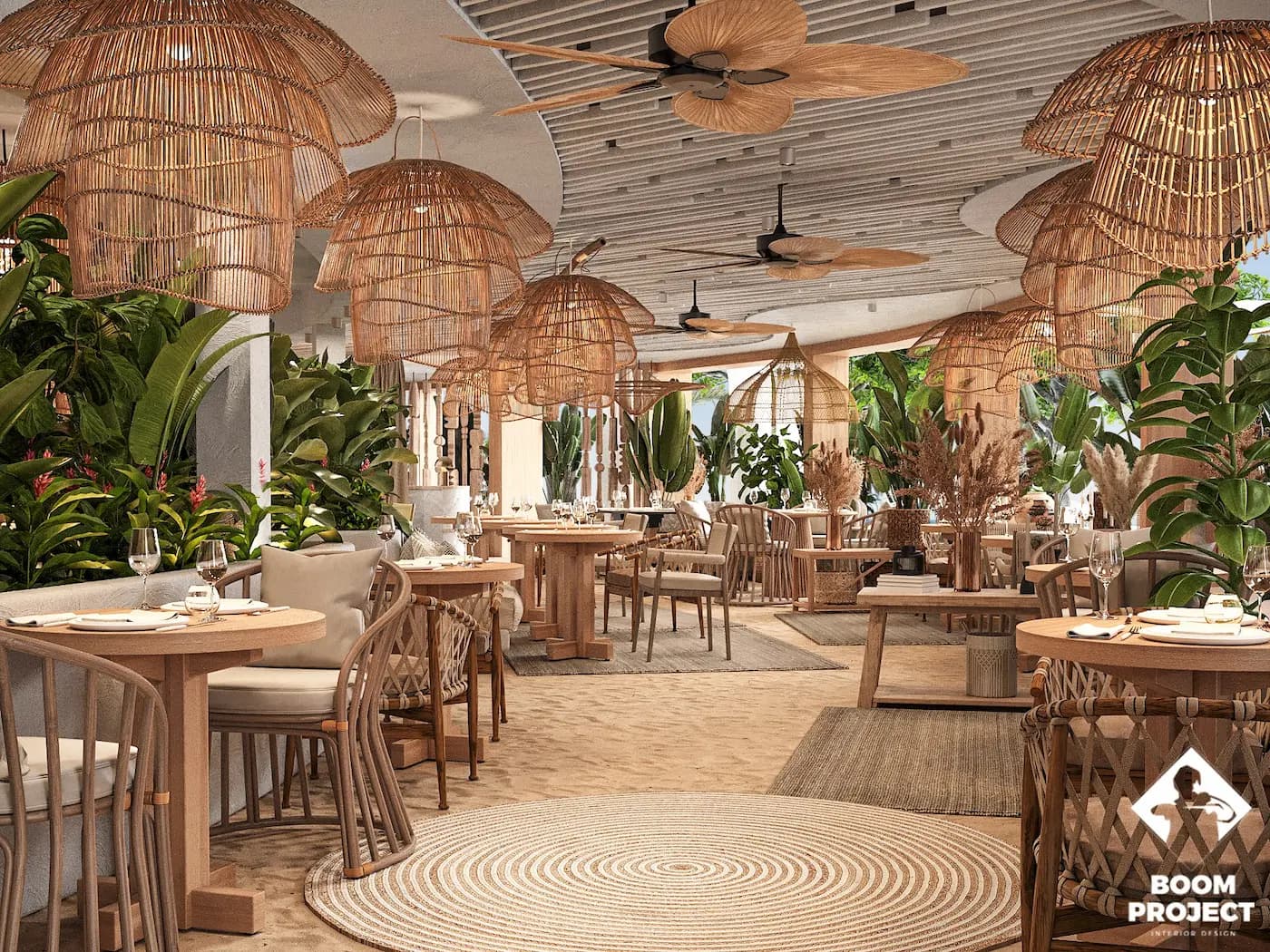 Restaurant interior with natural seating and layered woven lighting