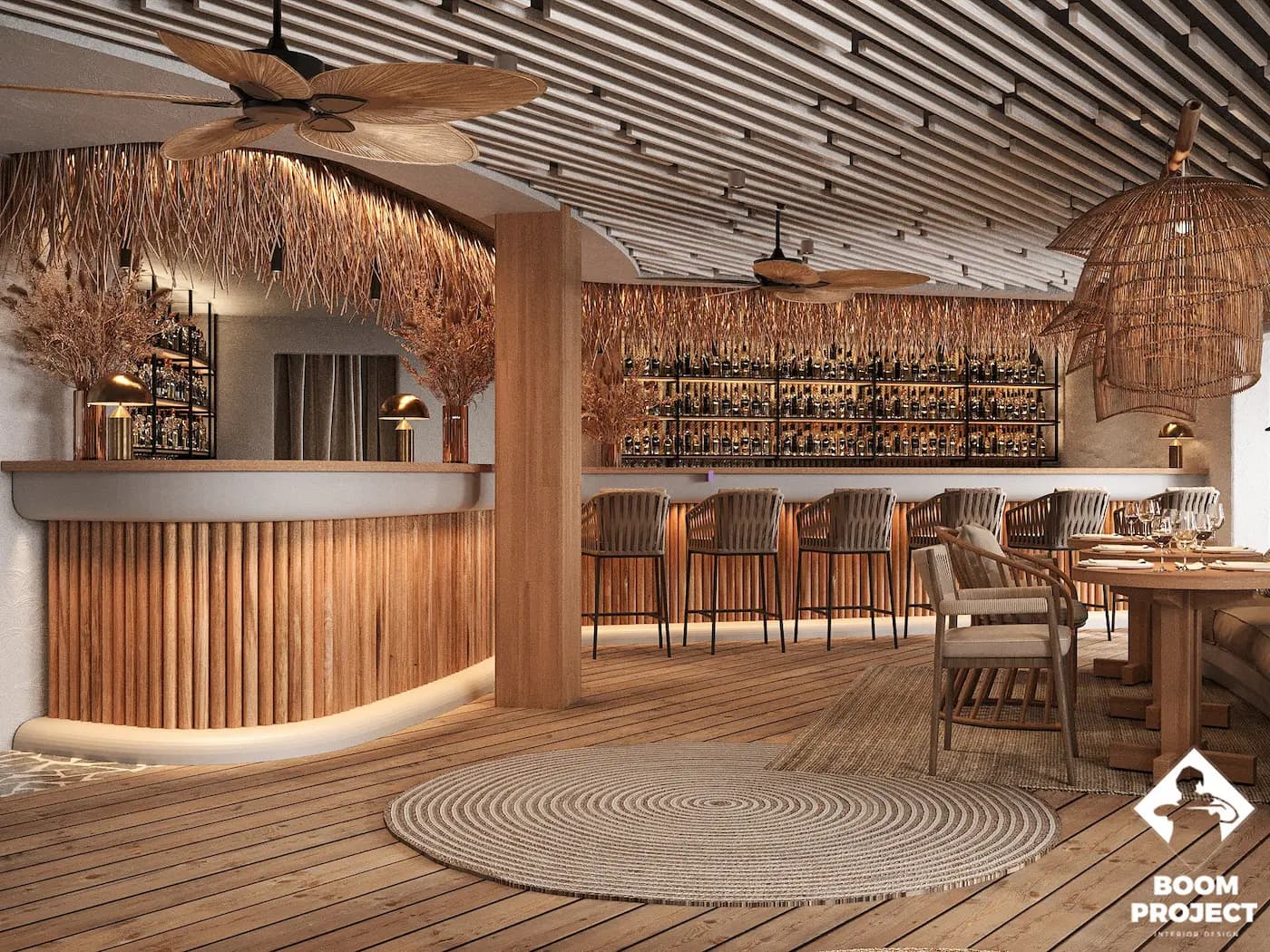 Maya Garden bar with illuminated shelving and timber ceiling structure