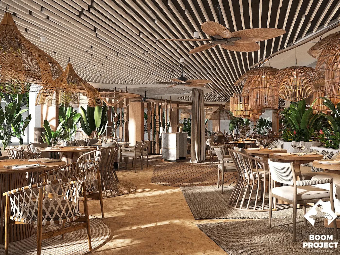 Dining room beneath a radial timber ceiling installation