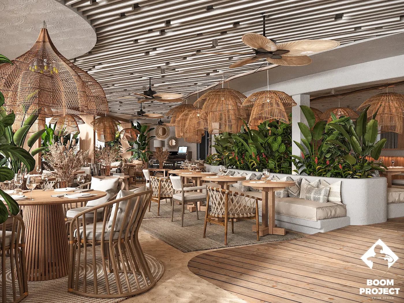 Open restaurant interior with woven pendants and sculptural planting