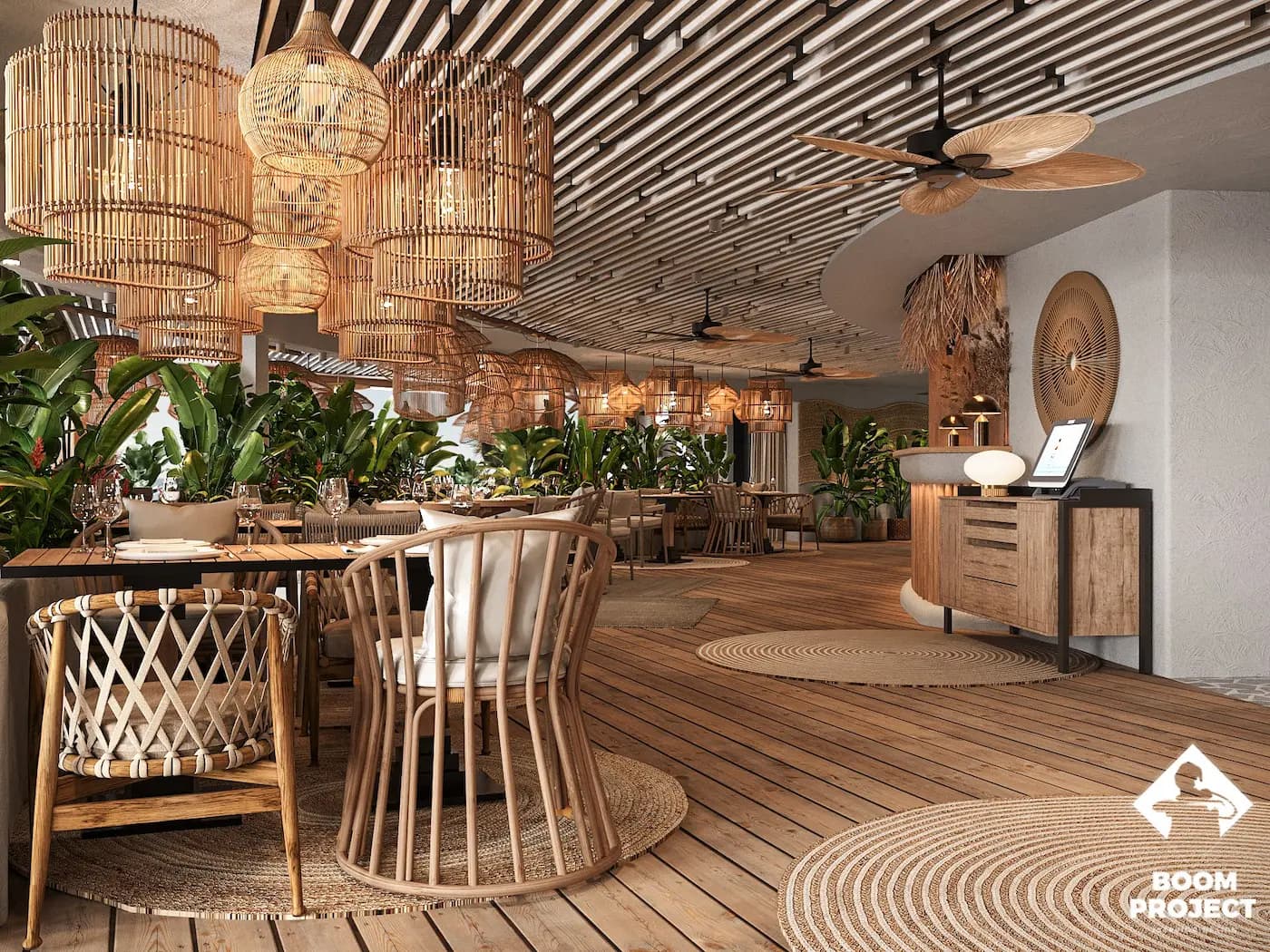 Dining area with timber decking, natural furniture and filtered sunlight