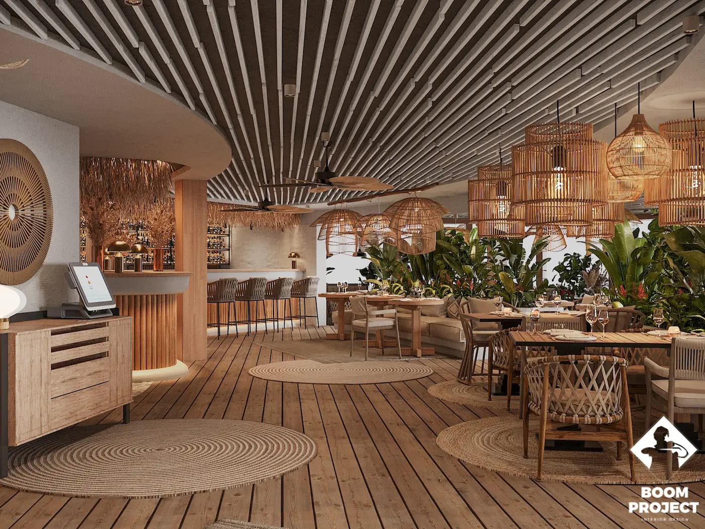 Bar and restaurant interior beneath a rhythmic timber ceiling