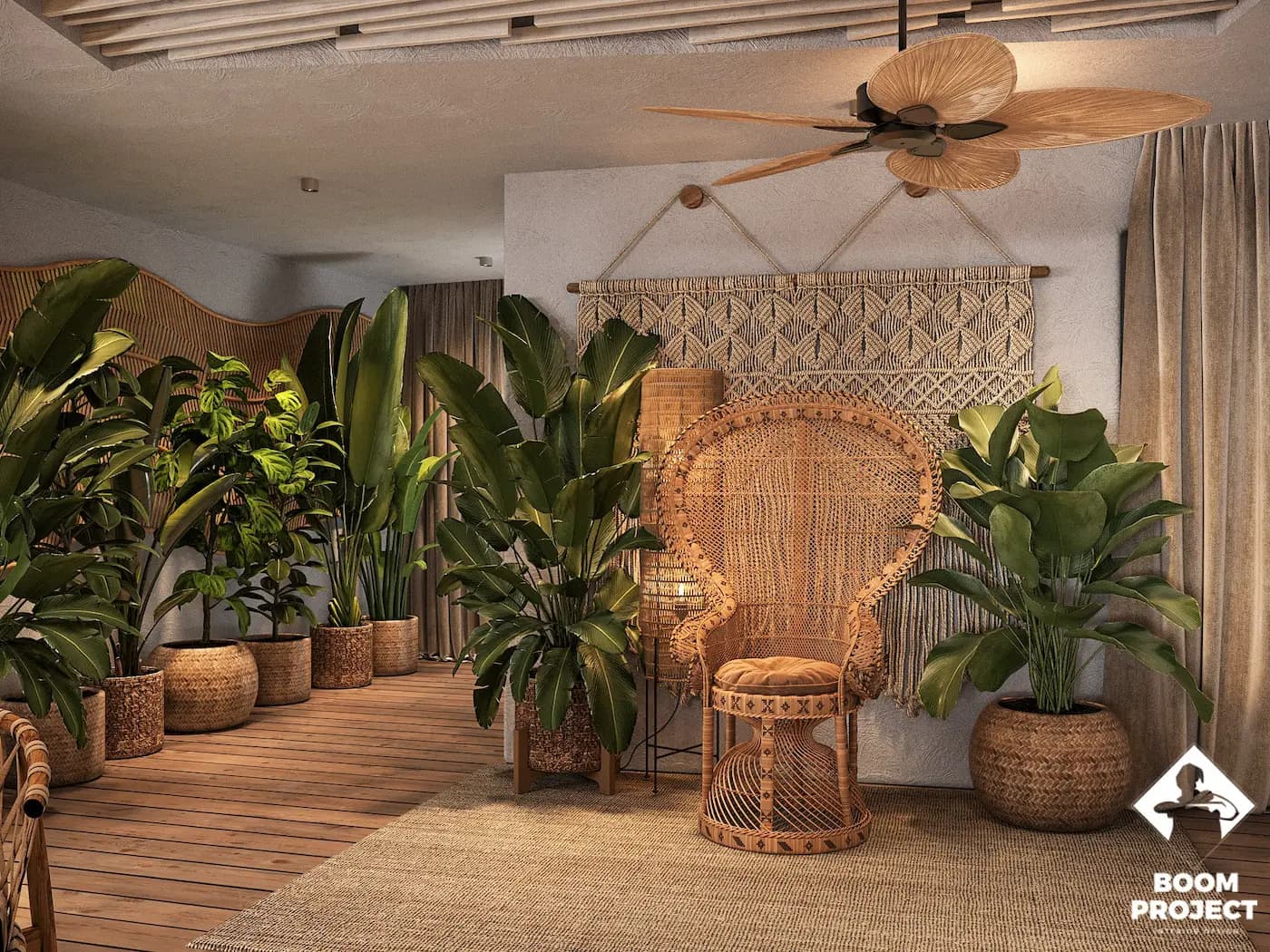 Sculptural wall installation with natural fibres, greenery and lounge seating