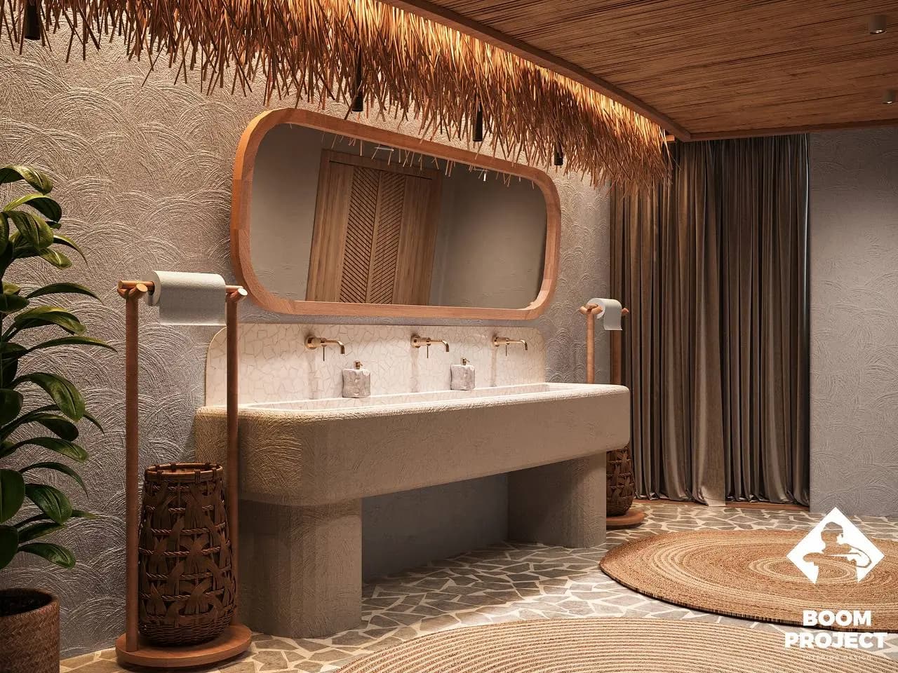 Restroom vanity with textured stone basin and softly illuminated mirror