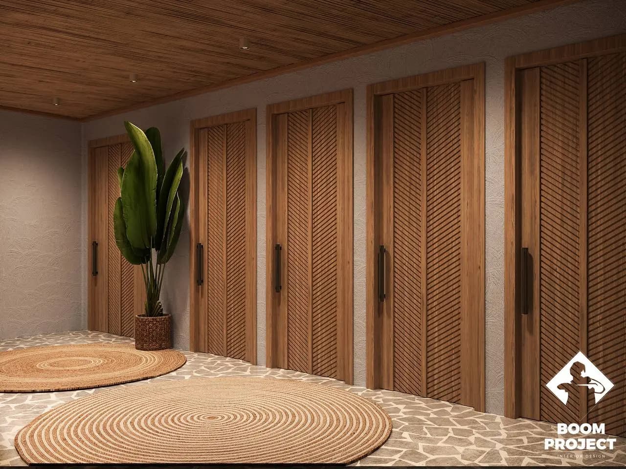 Decorative timber restroom doors with carved geometric patterns