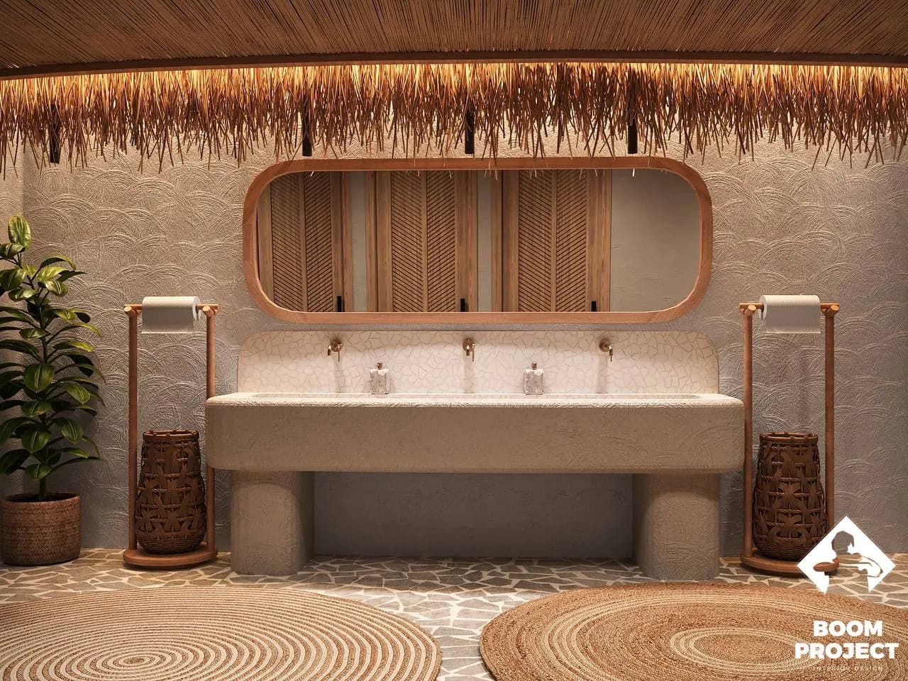 Textured restroom vanity with natural stone, warm lighting and woven details