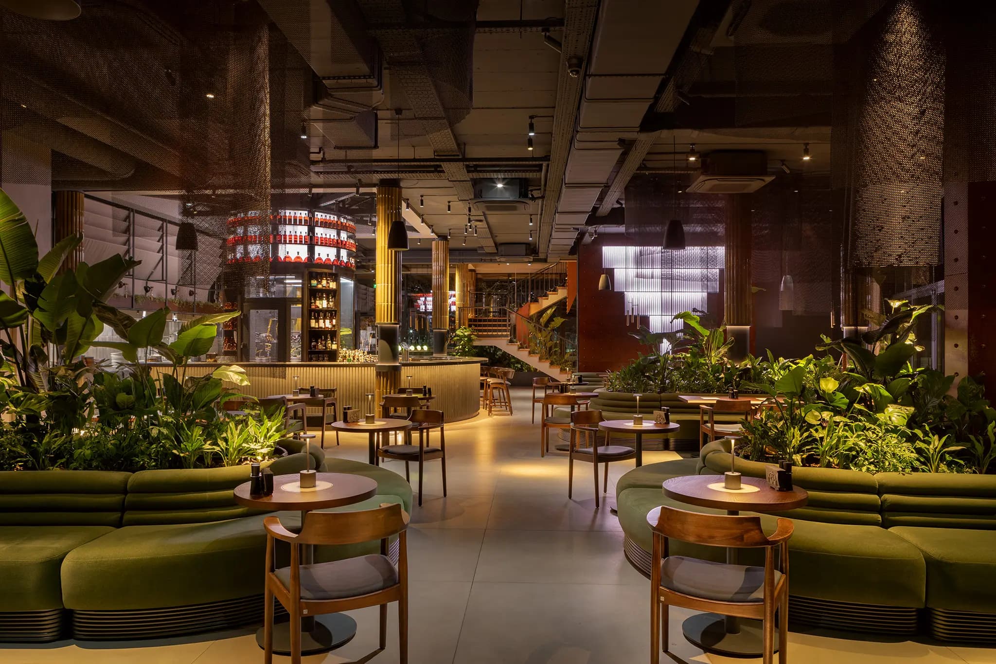 Restaurant interior with warm hospitality lighting
