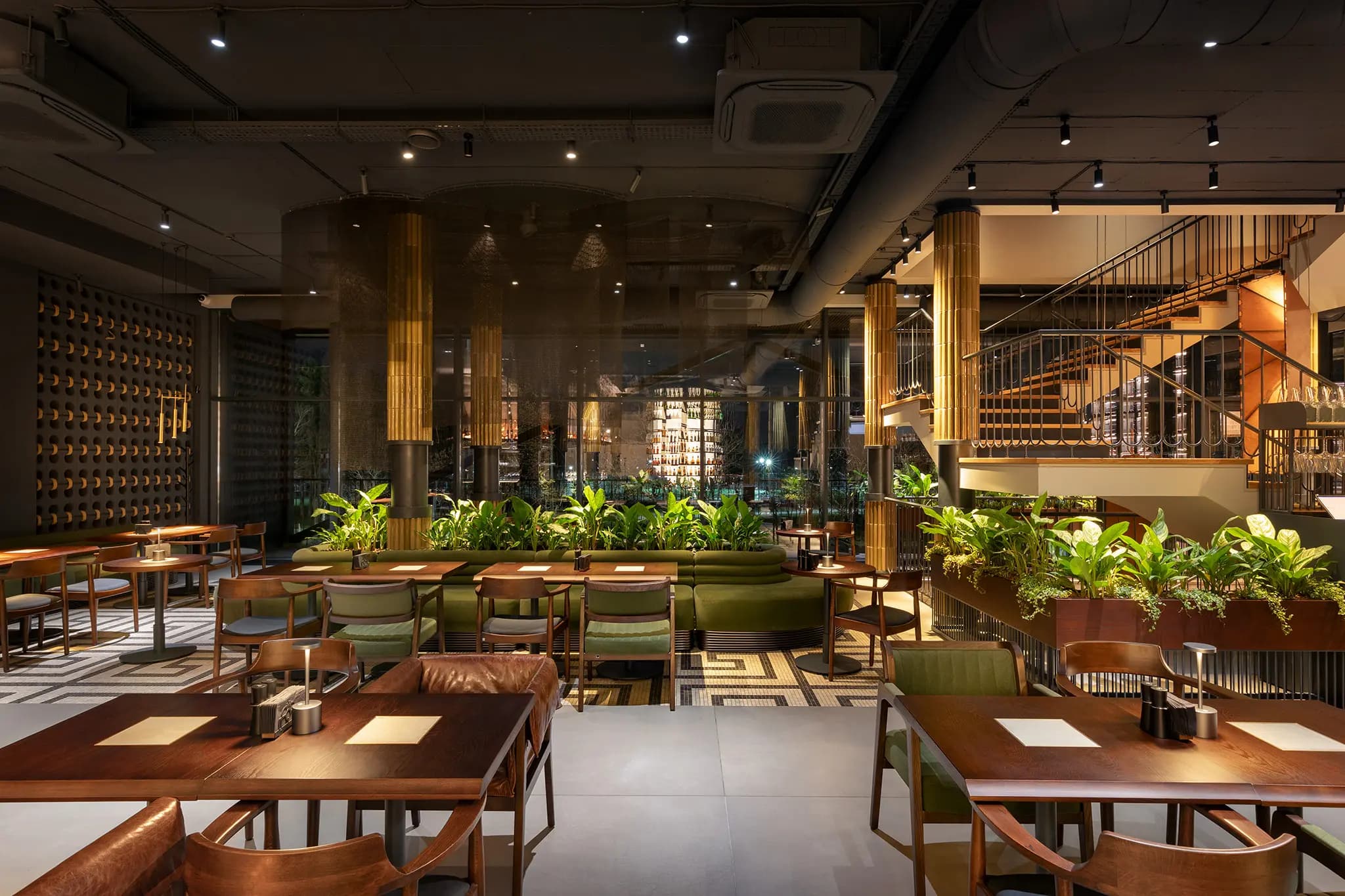 Open dining area with architectural lighting
