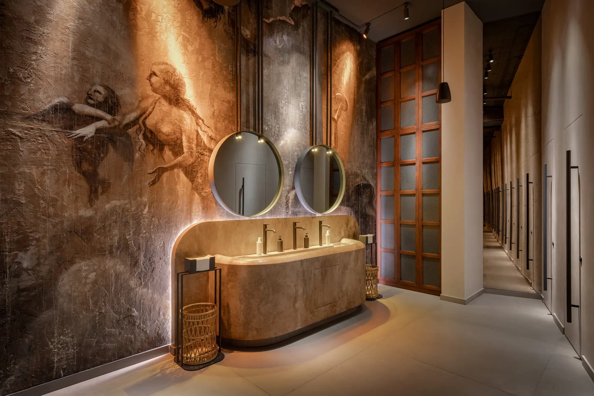 Reception area with textured stone wall