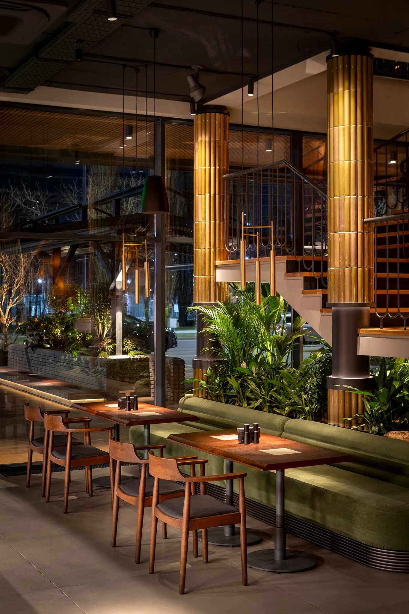 Exterior restaurant terrace at night